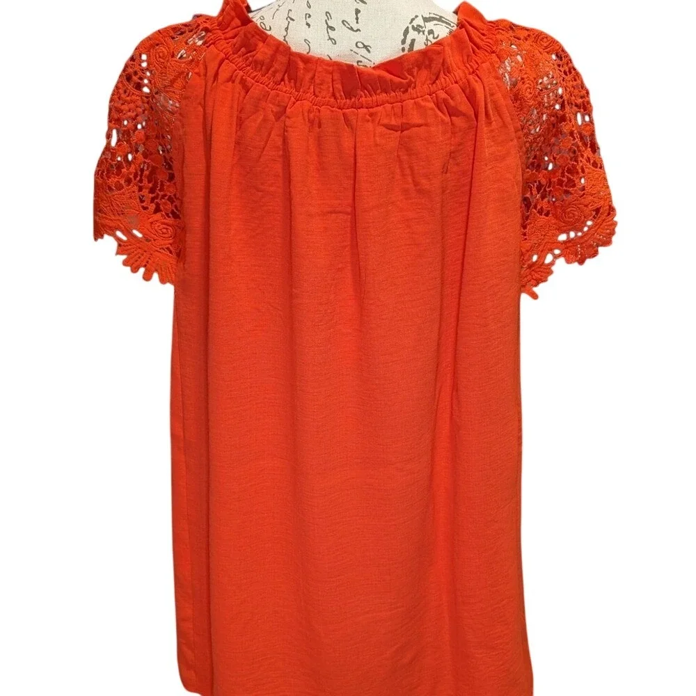 Davi & Dani Tomato Red Ruffled Neck Blouse with Crochet Lace Sleeves- Size Small